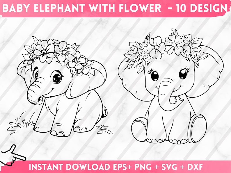 May include: Two black and white line drawings of baby elephants wearing flower crowns. The elephants are sitting with their legs crossed and have big eyes and a smile. The flower crowns are made of simple flowers and leaves.