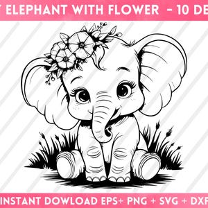 May include: Black and white line art illustration of a baby elephant wearing a flower crown. The elephant is sitting with its legs crossed and has a sweet expression on its face.