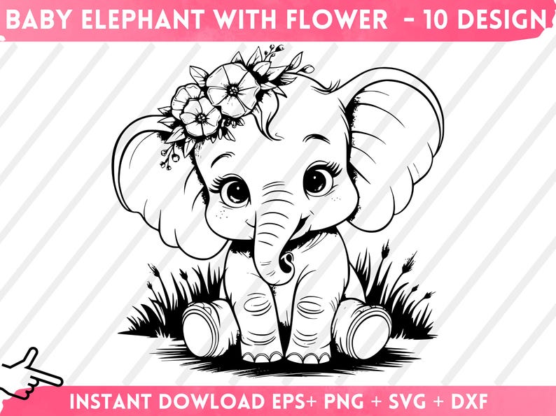 May include: Black and white line art illustration of a baby elephant wearing a flower crown. The elephant is sitting with its legs crossed and has a sweet expression on its face.