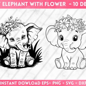 May include: A black and white line art illustration of a baby elephant wearing a flower crown. The elephant is sitting with its legs crossed and has a happy expression on its face.