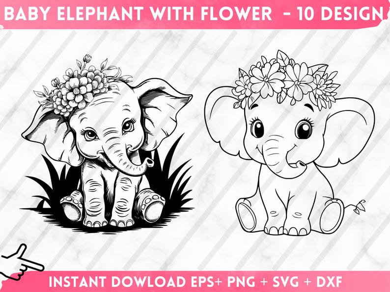 May include: A black and white line art illustration of a baby elephant wearing a flower crown. The elephant is sitting with its legs crossed and has a happy expression on its face.