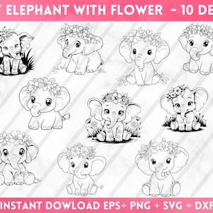 May include: Ten black and white line art designs of baby elephants wearing flower crowns. The elephants are sitting and facing forward. The designs are perfect for crafting, scrapbooking, and other creative projects.