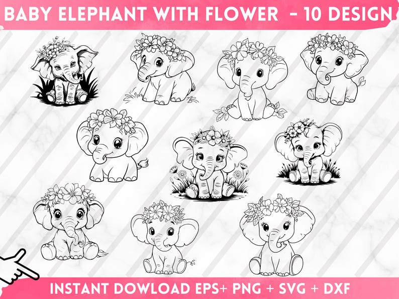 May include: Ten black and white line art designs of baby elephants wearing flower crowns. The elephants are sitting and facing forward. The designs are perfect for crafting, scrapbooking, and other creative projects.