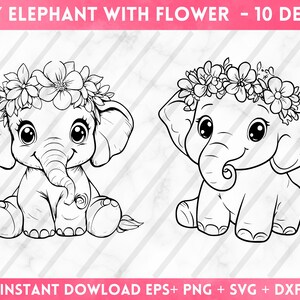 May include: Two black and white line drawings of baby elephants wearing flower crowns. The elephants are sitting with their trunks curled up.