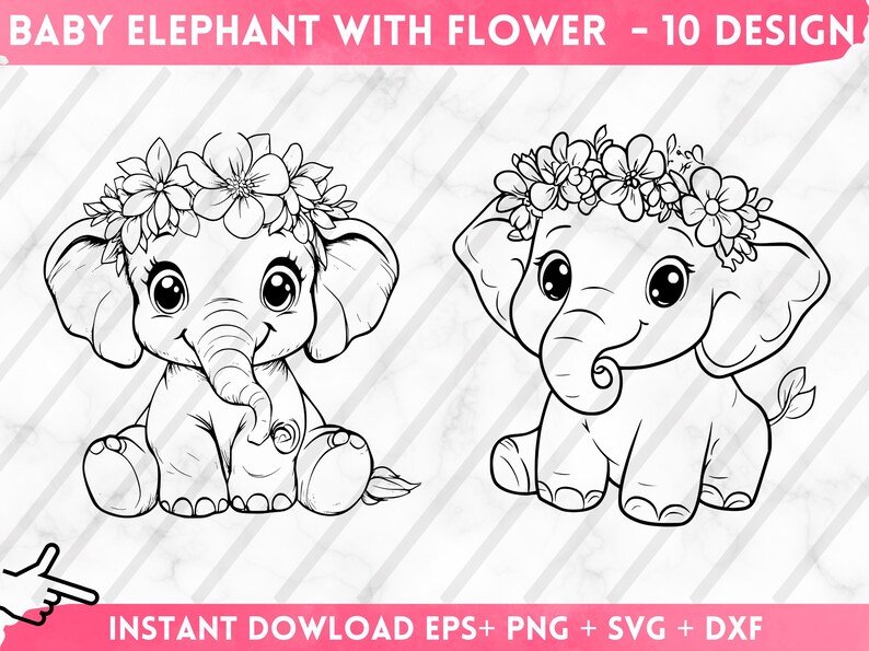 May include: Two black and white line drawings of baby elephants wearing flower crowns. The elephants are sitting with their trunks curled up.