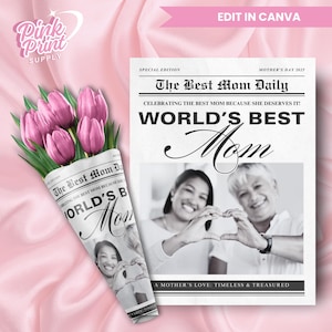 Plantilla de periódico editable para el Día de la Madre, regalo personalizado para el Día de la Madre, tarjeta imprimible para el Día de la Madre, envoltura para ramo de flores, regalo para ella