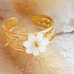 Stainless steel mother-of-pearl flower ring, natural mother-of-pearl stone, adjustable ring