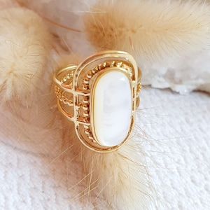 Stainless steel ring, natural mother-of-pearl stone, adjustable ring