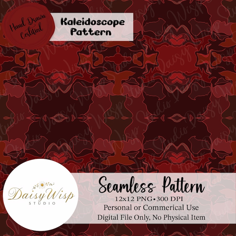 May include: A seamless kaleidoscope pattern in shades of red, brown, and burgundy. The design features abstract shapes and lines, with the text "Kaleidoscope Pattern" and "Seamless Pattern" displayed. The image also includes the text "Hand Drawn Certified".