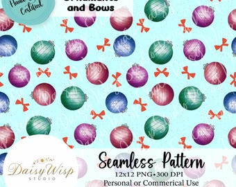 Christmas Ornament and Bow Seamless Pattern | Holiday Digital Paper | Festive PNG Background