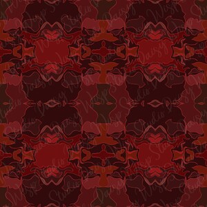 May include: A seamless pattern in shades of red and brown. The design features an abstract, symmetrical arrangement of organic shapes, creating a complex and visually rich texture. The pattern repeats across the surface, offering a sense of depth and movement.