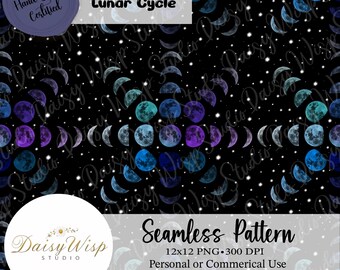 Moon Phases Seamless Pattern | Celestial Digital Paper | Galaxy Stars Pattern