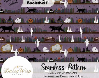 Halloween Bookshelf Seamless Pattern | PNG | 3600x3600px | 300 DPI | Includes Pattern Without Background | Digital Download