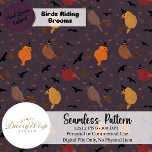 Halloween Birds Seamless Pattern: Witch Hat, Fall Background (Digital Download)