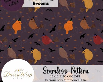 Halloween Birds Seamless Pattern: Witch Hat, Fall Background (Digital Download)