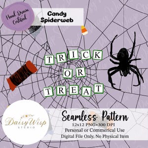 Trick or Treat Seamless Pattern | Spider Web Halloween Digital Paper | Candy Corn & Spider PNG