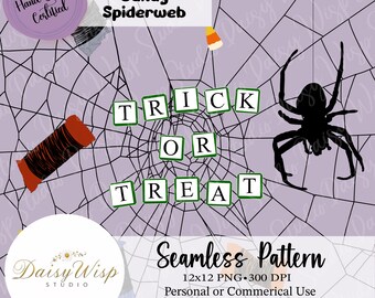 Trick or Treat Seamless Pattern | Spider Web Halloween Digital Paper | Candy Corn & Spider PNG