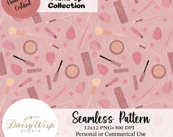 Makeup Lover Seamless Pattern | Pink Beauty Clipart Background | Cosmetic Tools Digital Paper
