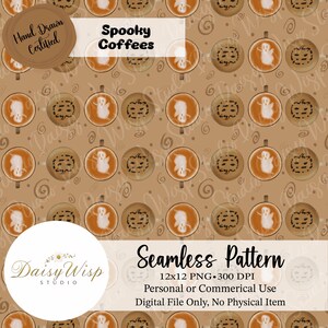 Halloween Coffee Seamless Pattern | Ghost Latte Art | Fall Coffee Digital Paper