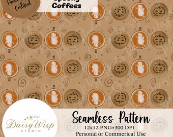 Halloween Coffee Seamless Pattern | Ghost Latte Art | Fall Coffee Digital Paper