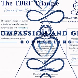 May include: A white educational poster titled The TBRI Triangle: Connection Before Correction. It features a large blue triangle graphic with text sections labeled Correction, Empowerment, and Connection, including icons of a scale and a star.