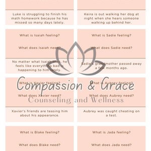 Puede incluir: Un gráfico con cuadros de texto que preguntan "¿Cómo se siente...?" y "¿Qué necesita...?" para varias personas. La imagen promociona "Compassion & Grace Counseling and Wellness".