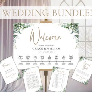 Paquete de letreros de boda personalizados. Letrero de bienvenida, libro de visitas, obsequios, juegos. Diseño de eucalipto. Impresión digital, letreros de lona de cartón pluma en tamaños A2, 3, 4 y 5.