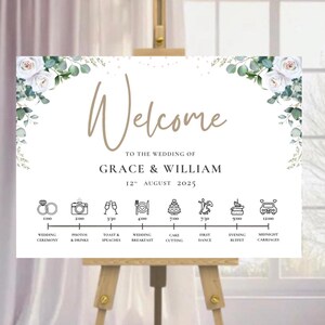 Custom Wedding Welcome sign & timeline, eucalyptus foliage roses. Digital format can be used for foam boards, Canvas, Signs A1 A2 A3