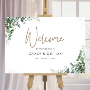 Personalised Wedding Welcome sign, greenery eucalyptus leaves foliage. Digital format can be used for foam boards, Canvas, Signs A1 A2 A3