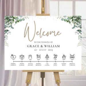 Custom Wedding Welcome sign & timeline. Modern Eucalyptus Design. Digital format for use with foam boards, Canvas, Signs etc. A1, A2, A3