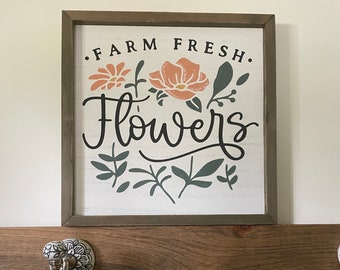 Fresh Flowers Wall Art, Flower Market Painting, Floral Home Decor, Wood Framed Sign, Spring Sign, 12" x 12" wall art