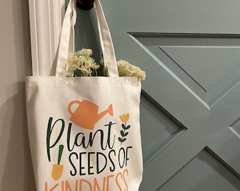 Plant seeds of kindness canvas tote bag, flower reusable bag, feminine tote bag