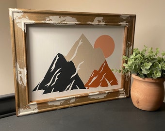 Mountain Sunset Wall Art, Mountains Painting, Home Decor, Wood Framed Sign