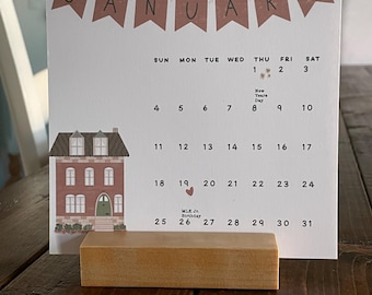 Whimsical Houses Desk Calendar • Hand-Drawn 5”x5” Calendar • Colorful Art Calendar • Cute Small Desk Decor • Includes Wood Stand