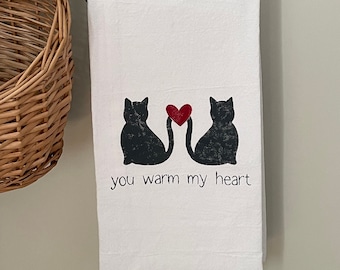 Your Warm My Heart Cat Flour Sack Tea Towel, Valentine Kitchen Towel, Valentine Home Decor, Cat Decor