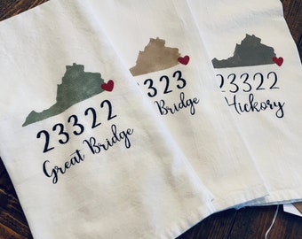 Zip Code Personalized Flour Sack Tea Towel, State & City Kitchen Towel