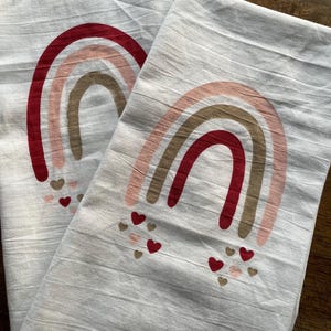 Valentine’s Cotton Tea Towel – Rainbows & Hearts Falling – Hand-Painted Kitchen Decor