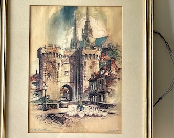 Antique Vintage Framed Art Print Port Guillaume Chartres A.F. Mettel Castle Geese