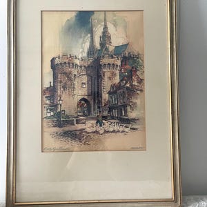 Antique Framed Art Print Castle Port Guillaume Chartres A.F. Mettel Geese Vintage