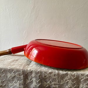 Vintage Descoware Orange Flame Skillet Frying Pan Wooden Handle Enameled Cast Iron Saute  LeCreuset
