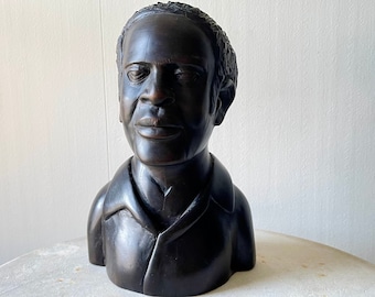Vintage Hand Carved Ebony Bust Of Young Man Sculpture Head