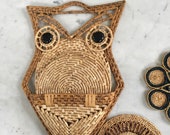 Vintage Owl Wicker Wall Hanging Raffia Mod Coasters Trivet