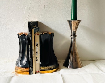 Vintage Pedestal Cast Metal Book Ends Art Deco Black Gold Laquered MidCentury Bronze