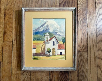 Vintage Mid Century Watercolor Painting Mountains Church Southwest Impressionist Signed