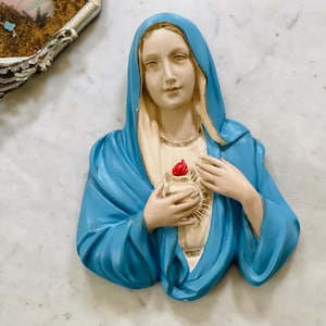 Vintage Madonna Wall Plaque Statue Sculpture Sacred Heart of Mary Religious Mid Century