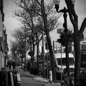 Puede incluir: Una foto en blanco y negro de una calle de la ciudad con un letrero que dice "Dine Corso Italia". Hay árboles que bordean la calle y una camioneta blanca estacionada a un lado de la carretera.