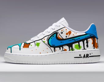 Custom Af1 Shoes & Custom Air Force 1 Sneakers - Cartoon Hand-Painted AF1, Black Drip,Blue/Red/Purple Design Shoes,Cartoon Style Gift