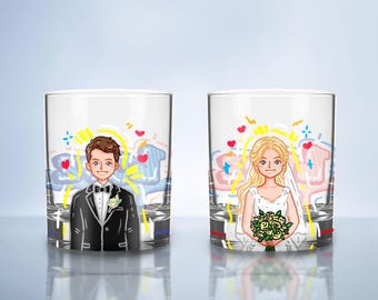 Custom Whiskey Glass Set Hand-Painted Rocks Glasses Wedding Personalized Gifts for Couple Custom Portrait Or Text (10oz) Engagement Gift
