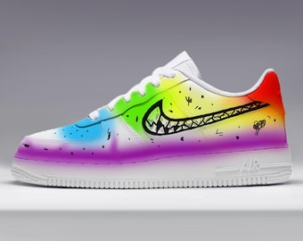 Custom AF1 Sneakers: Joker Colors Air Force 1,Hand-Painted Gradient Airbrush,Purple/Red/Blue,Customized Air Forces Gift,Graffiti Logo Design