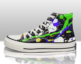 Custom Painted Splatter&Colored Drips Sneakers:Hand-Painted Black Converse Shoes,High Top Allstars,Canvas Art Gift,Unisex Streetwear Shoe